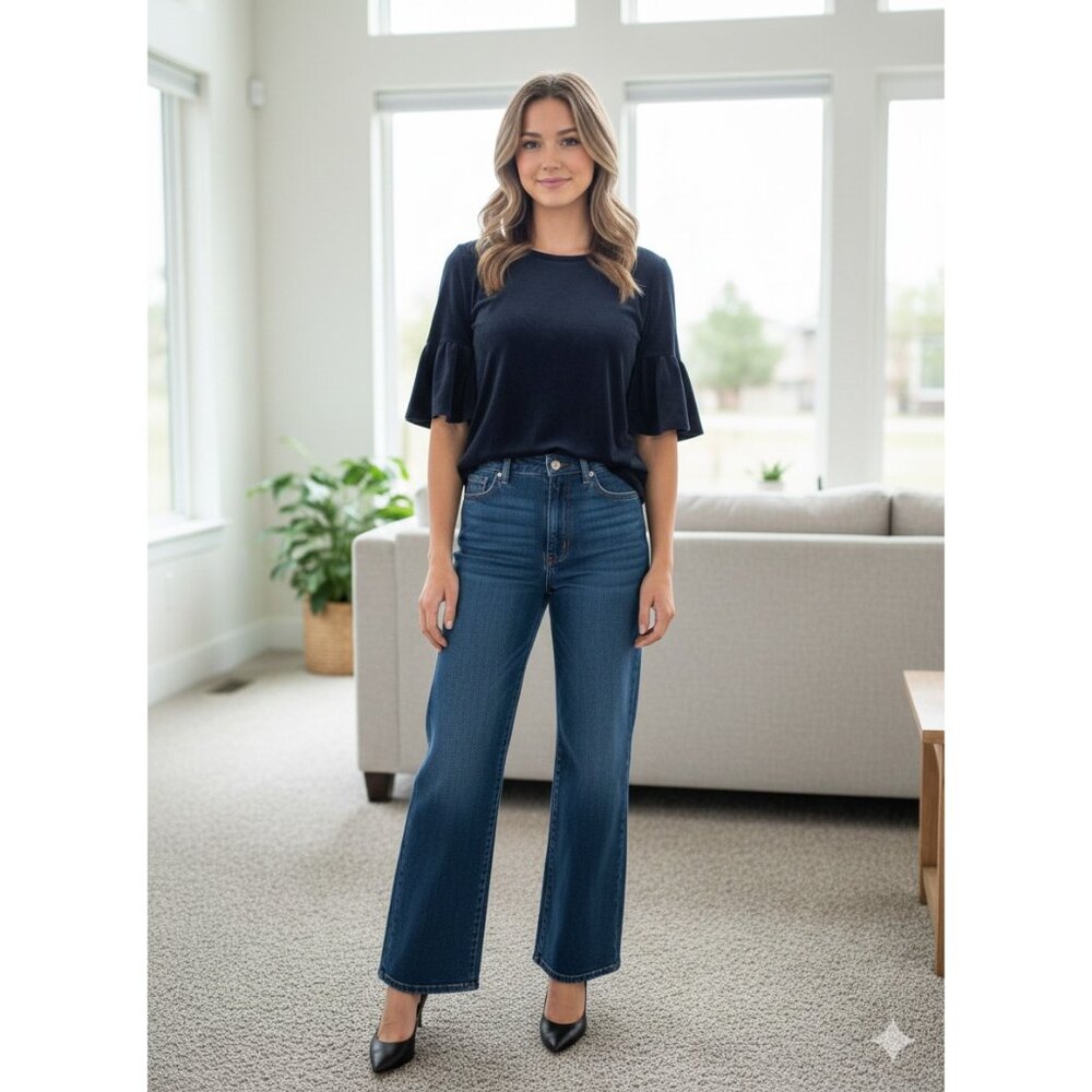 LOFT Shirt Womens Small Blue Velour Ruffle Bell Sleeve Stretch Casual Top